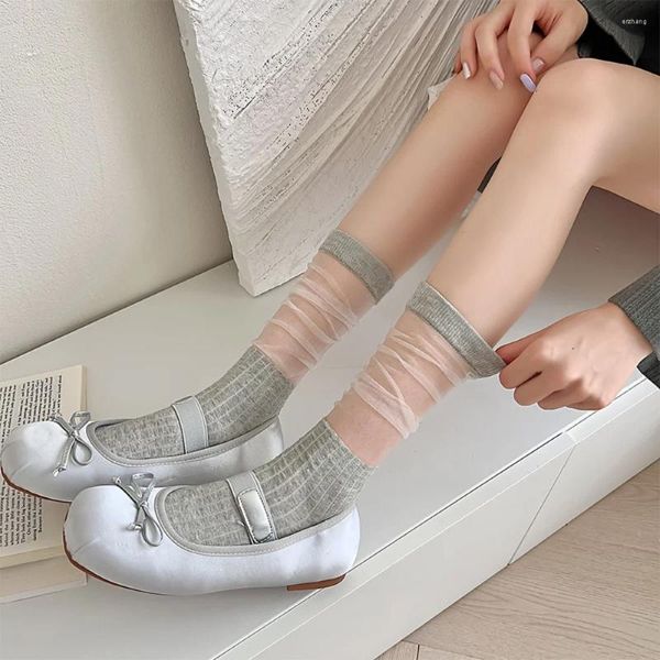 Frauen Socken JK Lolita Mädchen Kniestrümpfe Sommer Ultradünne Transparente Lose Lange Einfarbig Schwarz Weiß Grau