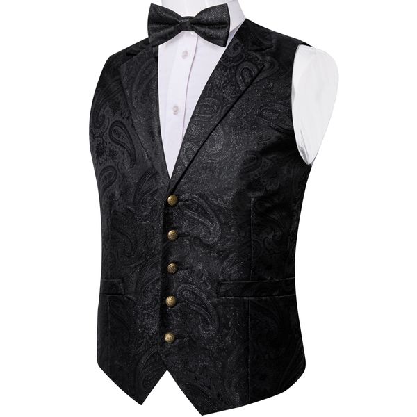 Gilet da uomo Luxury Black Paisley Silk Suit Gilet per uomo Papillon Fazzoletto Gemelli Wedding Party Formale Tuxedo Gilet 230331