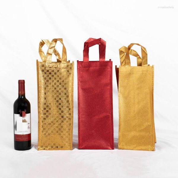 Geschenkverpackung 10 Stück Vlies Gold karierte Doppel-Einzelflasche Rotweinbeutel Filmabdeckung Handgriffbeutel Champagner-Getränk-Bierbeutel