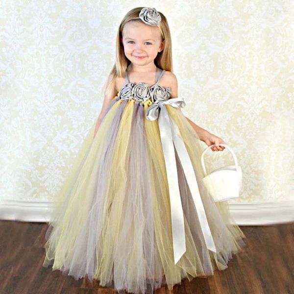 Vestidos de menina princesa tule flor vestido artesanal crianças tutu combinando bandana para dama de honra festa de aniversário de casamento ts076