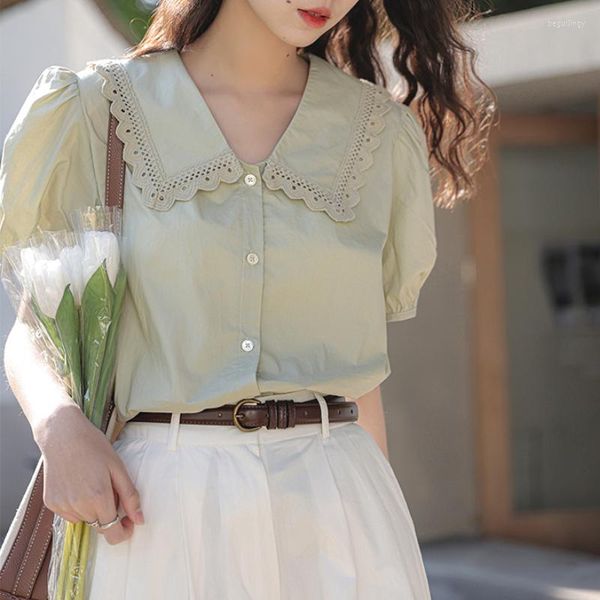 Kadın bluzları Koreli yumuşak kız kardeşi dantel bebek yaka gömlekleri kadın yaz moda kabarcığı kısa kollu bluz düz renk kadın rahat üst