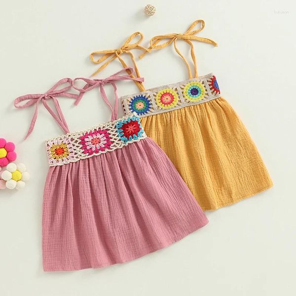 Mädchenkleider 0-4 Jahre Kinder Mädchen Bohemian Freizeitkleid Baby Häkelstickerei Schnürung Spaghettiträger A-Linie Kleinkind Sommerkleidung