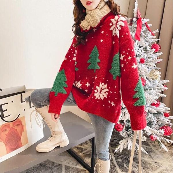 Maglioni da donna invernali Designer abbinato Moda donna Semplice addensato Rosso stile alberi di Natale pullover maglione caldo Pullover da donna stampa abbigliamento pigro