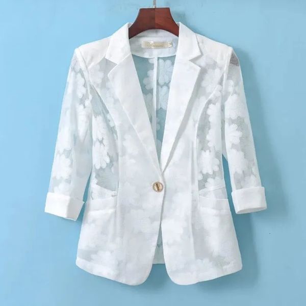 Ternos femininos blazers mulheres blazer jaqueta primavera verão fino cardigan proteção solar roupas oco renda três quartos manga terno top senhoras 231101