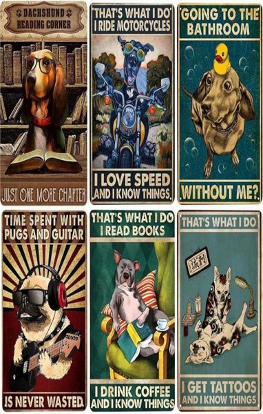 Komik Köpek Vintage Tin Sign Pugs ve Gitar Duvar Dekorasyonu Tatlı Yanak Metal Posta Tabağı Banyo Dekoru Bar Cafe Home8876579