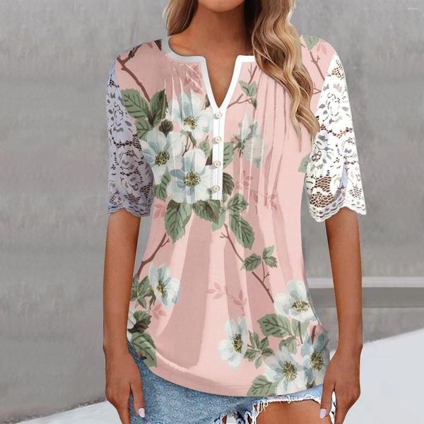 Camicette da donna 2023 Camicie con stampa floreale T-shirt estiva da donna con patchwork in pizzo a maniche corte sexy con scollo a V T-shirt allentata