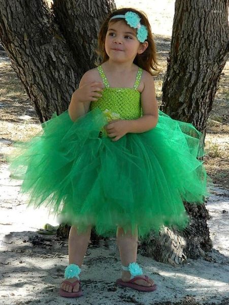 Abiti da ragazza Belle ragazze Vestito da tutu di fiori all'uncinetto verde Bambini Fluffy Tutù di balletto in tulle a 2 strati con fiocco in nastro Fascia per bambini Festa