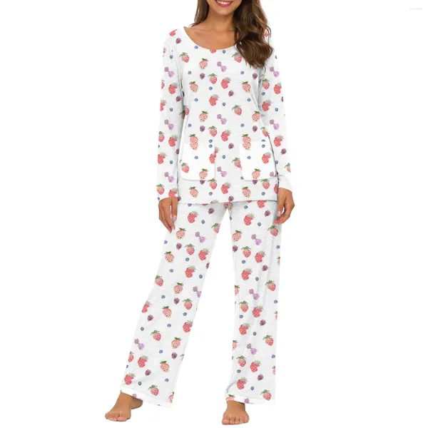 Mulheres Pijamas Mulheres Peça Floral Lounge Set Manga Longa Camisa Perna Larga Palazzo Calças Roupas Combinando Pijamas Mangas