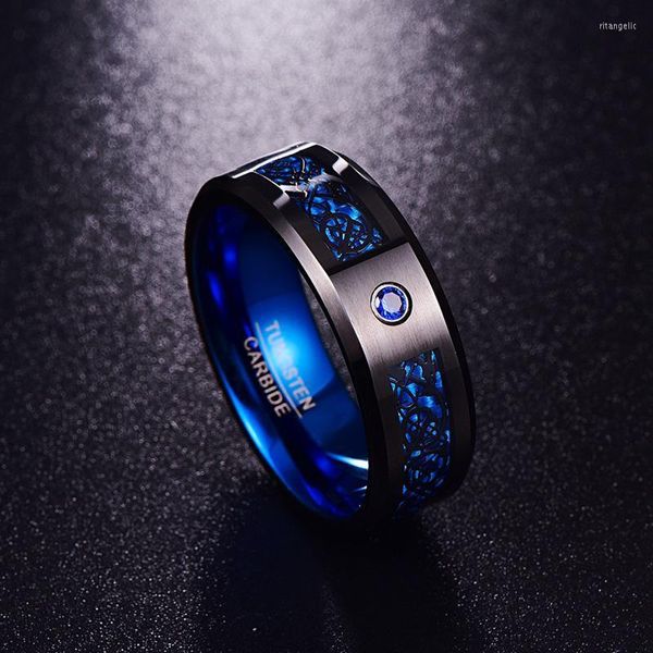 Trauringe Außenhandel Kohlefaser Peeling Blau Zirkon Männer Hartmetall Anillos Para Hombres Schwarzer DracheHochzeit Rita22