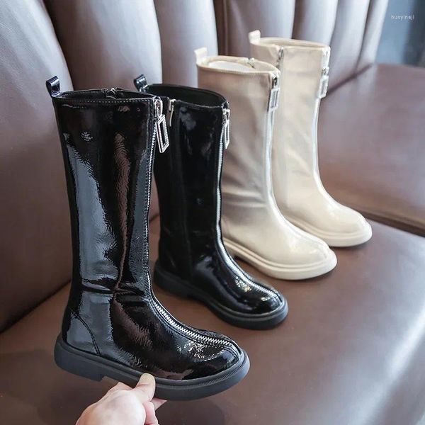 Botas Outono Inverno Meninas Sólidas Longo Barril Couro Impermeável Malha Vermelho Cavaleiro Moda Infantil Sola Macia Neve Quente