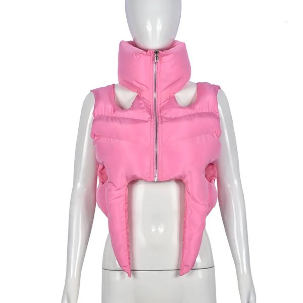 Damenwesten, rosa, sexy Ausschnitt, abgeschnittene Pufferjacke, 2023 Herbst-Winter, unregelmäßige ärmellose Weste, Y2K-Rollkragenpullover, gesteppte Blasenmäntel 231101