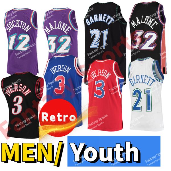 Vintage Allen 3 Iverson Jersey Kevin 21 Garnett Basketball John 12 Stockton Karl Reggie Malone Miller Jerseys Genähtes Shirt Classic