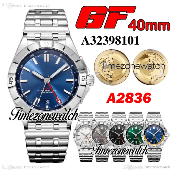 GF 40mm Chronomat GMT A32398101 A2836 Relógio automático masculino mostrador azul pulseira de aço inoxidável A32398101C1A1 Relógios para homens Timezonewatch TWBR Z29B