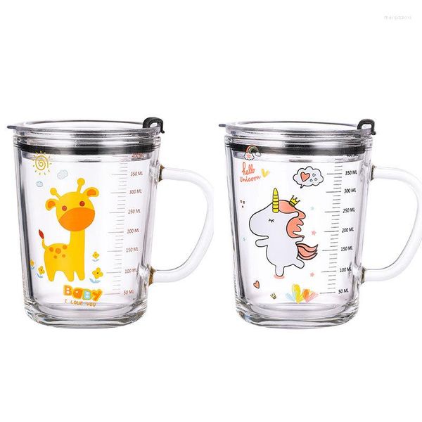 Weingläser transparenter Kalibrierung Tasse mit Deckel Trinkset süße Cartoon Sippy Becher für Milch Kaffee Eis Sandsaft Getränke Kinder