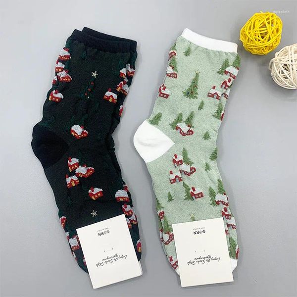 Frauen Socken Weihnachten Frau Socke Dünne Für Crew Grün Baumwolle Sox Baum Haus Drucken Koreanische Herbst Winter Casual Damen
