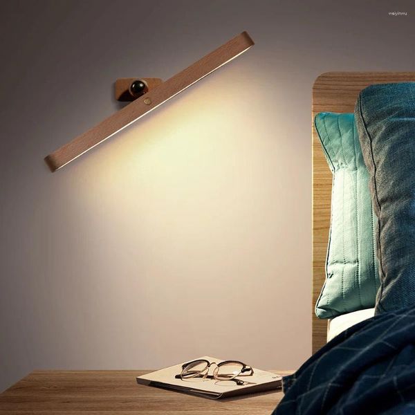 Nachtlichter USB-Magnetlade-Holzspiegel-Frontfülllicht Drahtlose LED 360 ° drehbare Touch-Wand für Schlafzimmer