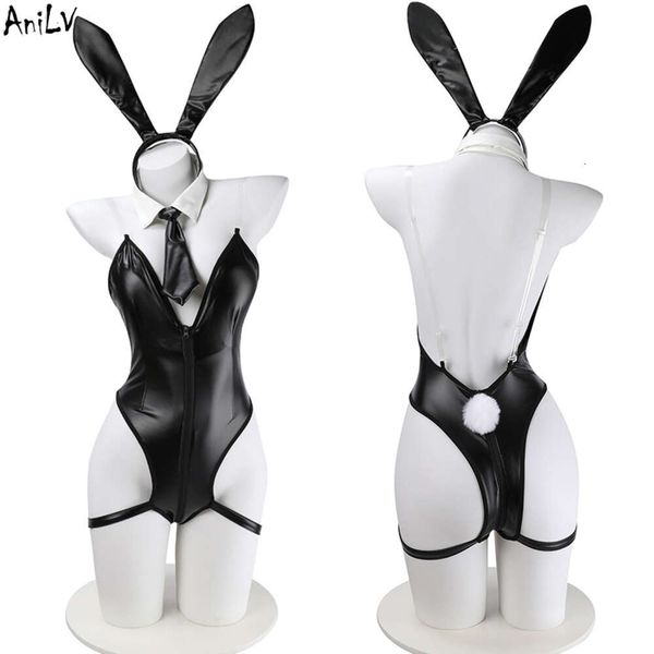 Ani coelho menina couro zíper bodysuit hairball cauda anime empregada uniforme feminino sem costas coelho macacão roupa traje cosplay cosplay