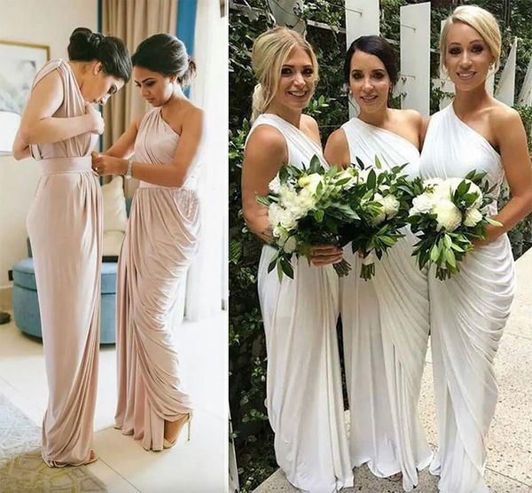 2023 One-Shoulder-Brautjungfernkleider in Champagner, drapiertes Satin, langes Elfenbein-Lila-Partykleid, geteilte Trauzeugin-Kleider für Hochzeitsgäste