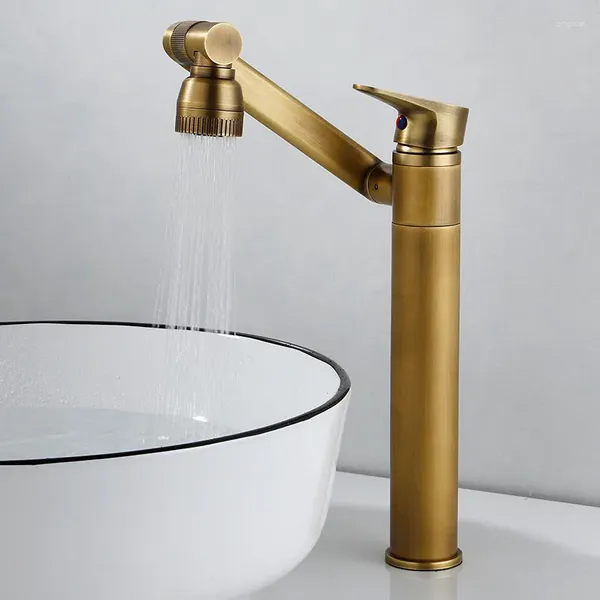 Rubinetti per lavandino del bagno Rubinetto in bronzo Retro Accessori ad arco alto basso rotativo a due velocità in ottone massiccio e acqua fredda