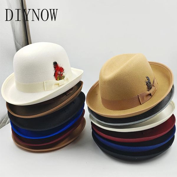 Breite Krempe Hüte Eimer Hohe Qualität Mann Fedora Unisex Gentleman Runde Top Cap Cosplay Feder Zubehör Derby Bowler Hut Britische form 231101