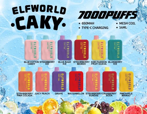 Orijinal Elfworld Caky 7000 Puflar Tek Kullanımlık E Sigara Vape Kalem 14ml Pod 650mAh Şarj Edilebilir Pil Çin Otantik Toptan Vapers Desechables Puff 7K