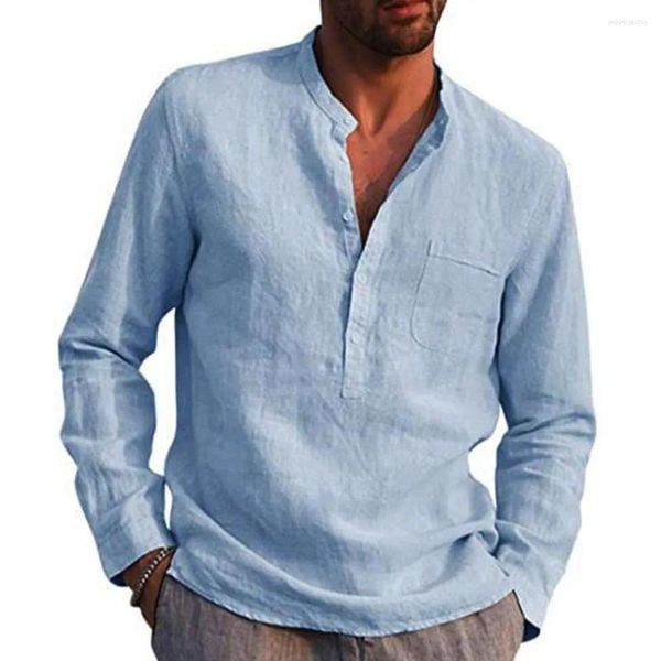 T-shirt da uomo 2023 T-shirt da uomo a maniche lunghe in lino Top con scollo a V allentato estivo Camicia casual da uomo