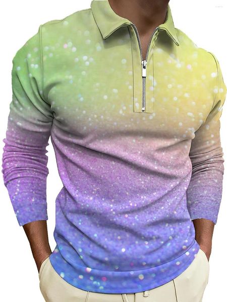 Polos Masculinos Papel Brilhante Texturizado Impressão Suéter Masculino Meio Zíper Gola Americana Casual Top