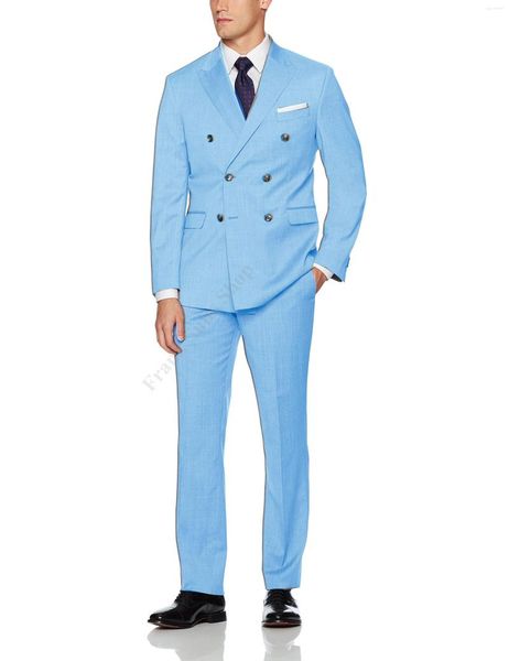 Ternos masculinos 2023 Terno masculino Blue Sky 2 Peças Trexidas de peito duplo Smokings Smoks Slim Fit Casual Tuxedos para Casamento (Calças Blazer)