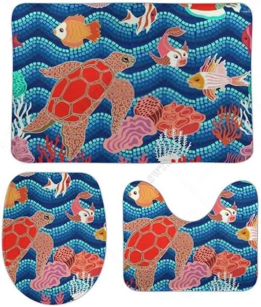 Tapetes de banho 3 peças tapetes de banheiro conjunto antiderrapante peixes corais azul ondulado mosaico contorno toalete tampa banheira chuveiro tapete pisos