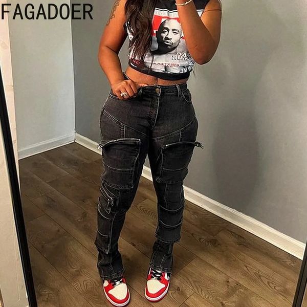 Damenjeans FAGADOER Schwarz Vintage Mode Skinny Denim Hose Hohe Taille Knopf Reißverschluss Taschenhose Lässige weibliche elastische Jean Bottoms 231031