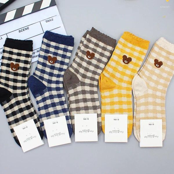 Calzini da donna Calzino da donna Orso scozzese stampato per equipaggio Cotton Sox Coreano Morbido Kawaii Calze Autunno Inverno Casual Calze da donna