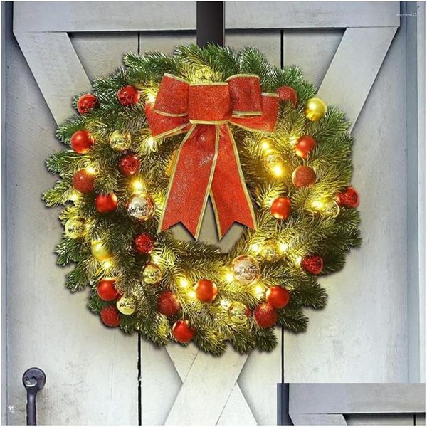 Flores decorativas grinaldas flores decorativas 30/40cm grinalda de natal led porta do ano com cones de pinho berry spruce fita vermelha arco gar dhfck