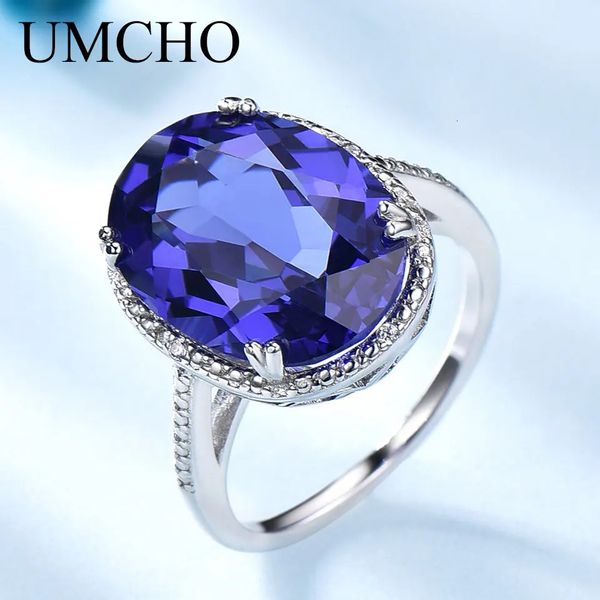 Anel Solitaire Umcho Luxo Tanzanite Gemstone Anéis para Mulheres Sólido 925 Sterling Silver Fine Jewelry Feminino Anel de Noivado Presente de Natal 231031