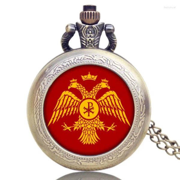 Orologi da tasca Orologio rosso aquila bicipite russa di ottima fattura, movimento al quarzo, collana con ciondolo in bronzo