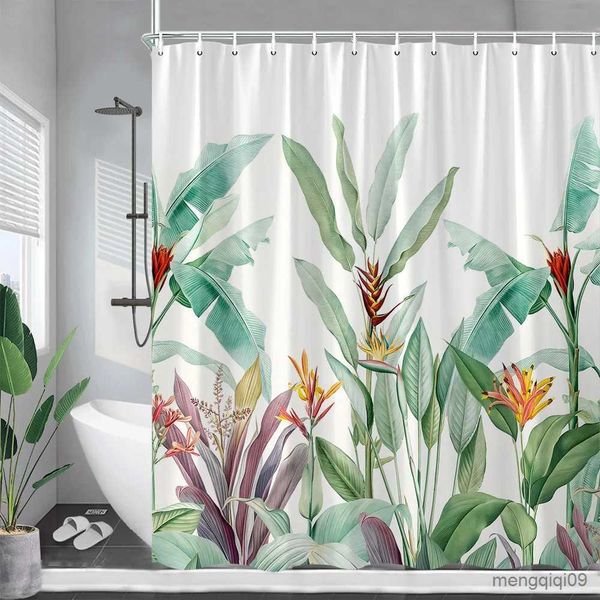 Tende da doccia Tende da doccia con piante tropicali Fiori rosa Foglie verdi Tenda da bagno in tessuto Arredamento bagno con R231101