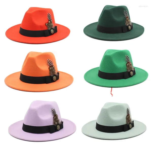 Berets 2023 côncavo-convexo unisex feminino feltro chapéus pena fedora chapéu de lã decorado jazz bonés estilo britânico panamá borda larga mulheres