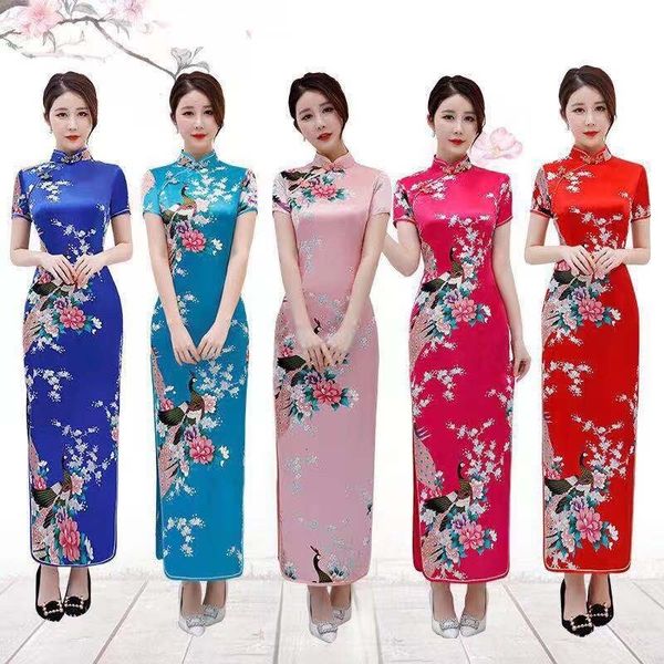 Повседневные платья цветочные павлин женщины традиционное китайское платье винтажное воротник мандарина qipao негабаритный длинный тонкий Чонсам 6xl 230331