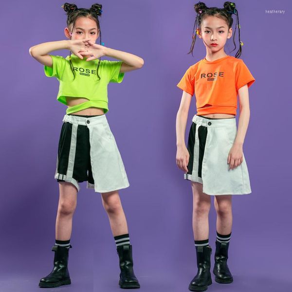 Abbigliamento da palcoscenico Abbigliamento da ragazza hip-hop T-shirt con top corto verde arancione Pantaloncini con gonna estiva bianca nera Abbigliamento per bambini da ballo jazz Streetwear