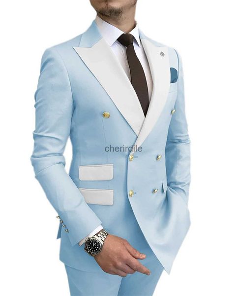 Ternos masculinos blazers trajes pour hommes luz azul fumar jaqueta calças botões de ouro festa smoking vestido duplo breasted ternos masculinos para o noivo do casamento yq231101