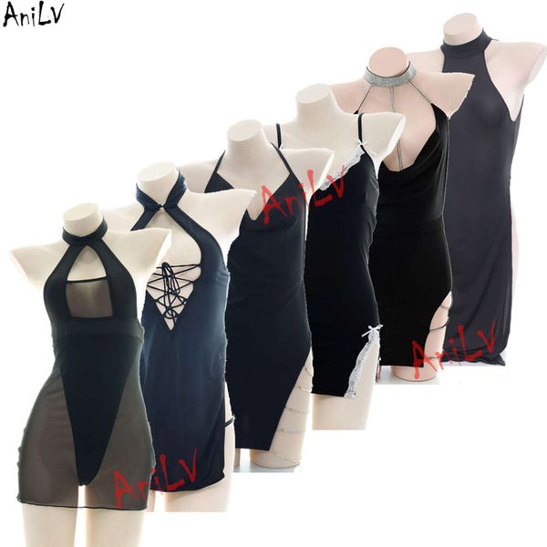 Ani noir Sexy robe serrée série uniforme Costume femmes chaîne maille sangle creuse chemise de nuit Pamas Lingerie chaude Cosplay cosplay