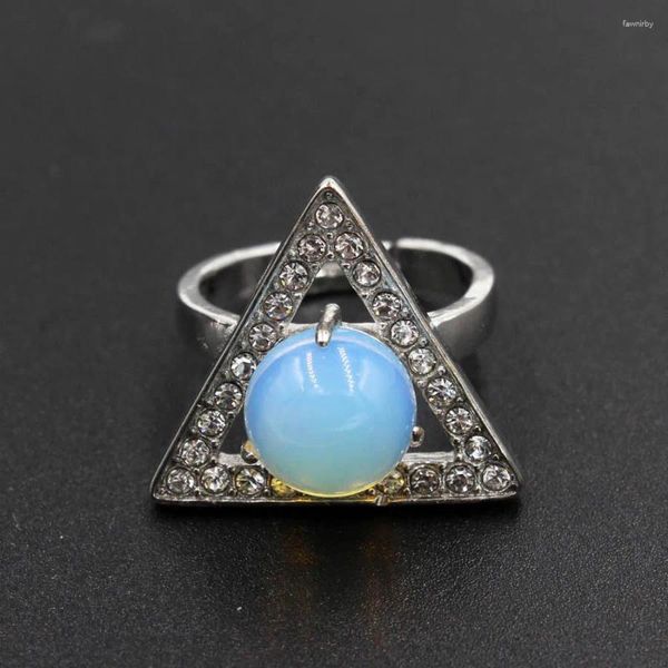 Anéis de cluster cura pedra natural para mulheres cor prata triângulo brilhante opala cristal ametistas rosa quartzo anel de dedo ajustável