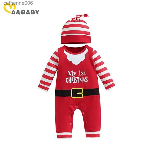 Overalls ma baby 0-18m Weihnachten Neugeborenen Baby Strampler Santa Kostüm Gestreiften Brief Drucken Langarm Overall Hut Weihnachten Outfits D05L231101