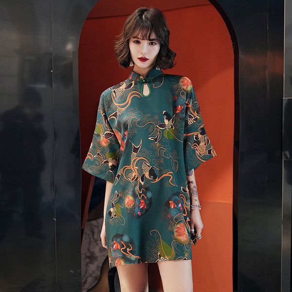 Vestidos casuais tradicionais chineses hanfu qi pao mulheres retrô cheongsam menina japonesa harajuku estilo vintage carp crane imprimido festas qipao vestido 230331