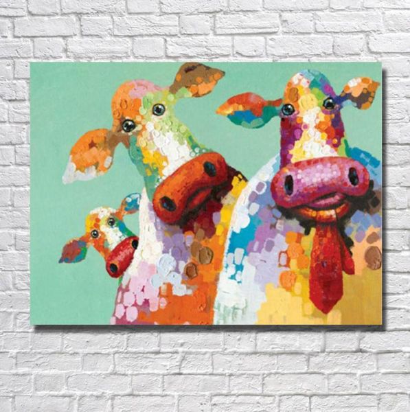 Lona animal vaca pintura a óleo engraçado animal parede fotos sem moldura pintura para sala de estar wall52545859237275