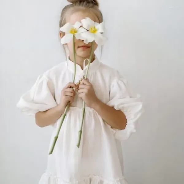 Vestidos de menina crianças para meninas verão criança algodão linho manga curta roupas casuais branco bonito princesa vestido de casamento do bebê