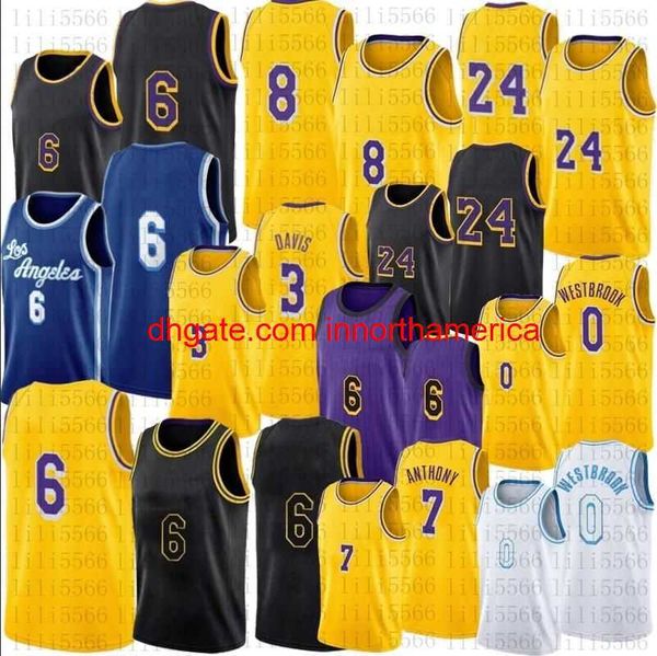 Basket-ball personnalisé 23 Jersey 6 Russell 0 Westbrook 8 Basketball Noir Carmelo 7 Anthony 3 Davis Mamba LBJ Violet Jaune 2022 2021