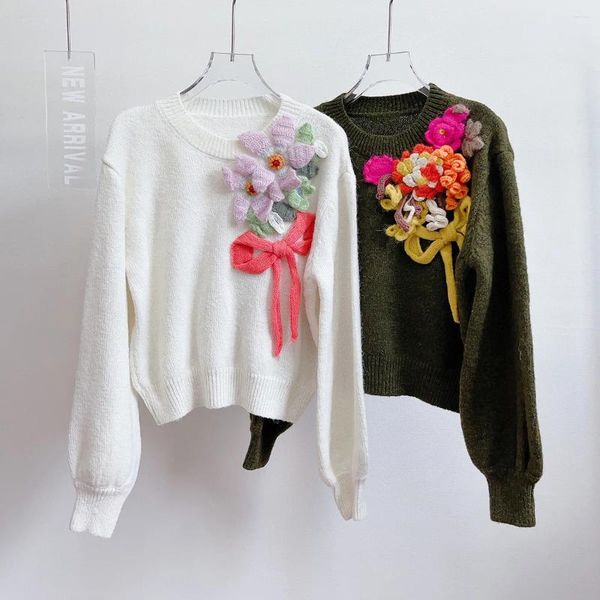 Frauen Pullover Designer Marke 3D Blume Bogen Oansatz Lange Ärmel Lose Pullover 2023 Herbst Strickwaren Weiß Grün Pullover