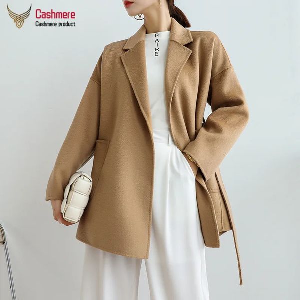 Mulheres misturas de lã de água ondulação lã casaco feminino outono cashmere casaco feminino comprimento médio preto casaco solto renda bege casaco camelo moda casual casaco 231101