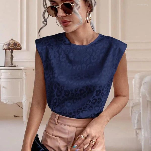 Blusas femininas mulheres verão top colete solto leopardo impressão em torno do pescoço contraste cor botão traseiro fechamento ol estilo commute senhora camiseta