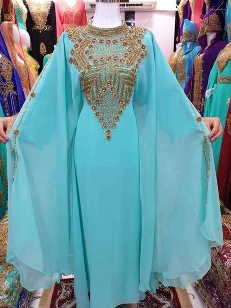 Ethnische Kleidung, langes Kleid für Damen, Dubai, türkisfarbenes Georgette, marokkanisches Farasha-Kleid